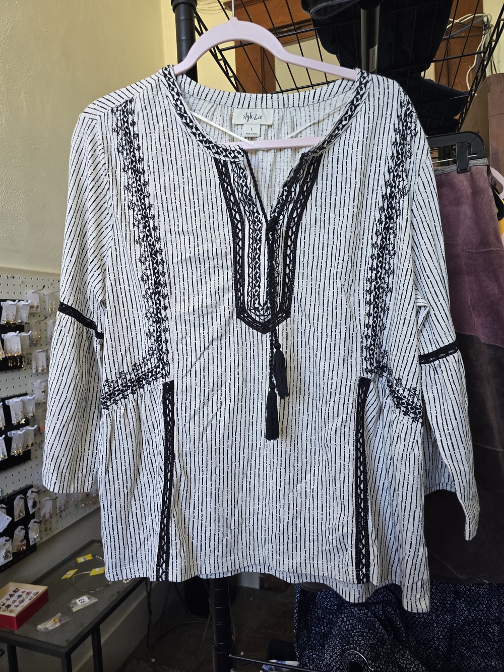 Tularosa Black & White Embroidered Tassel Peasant Top
